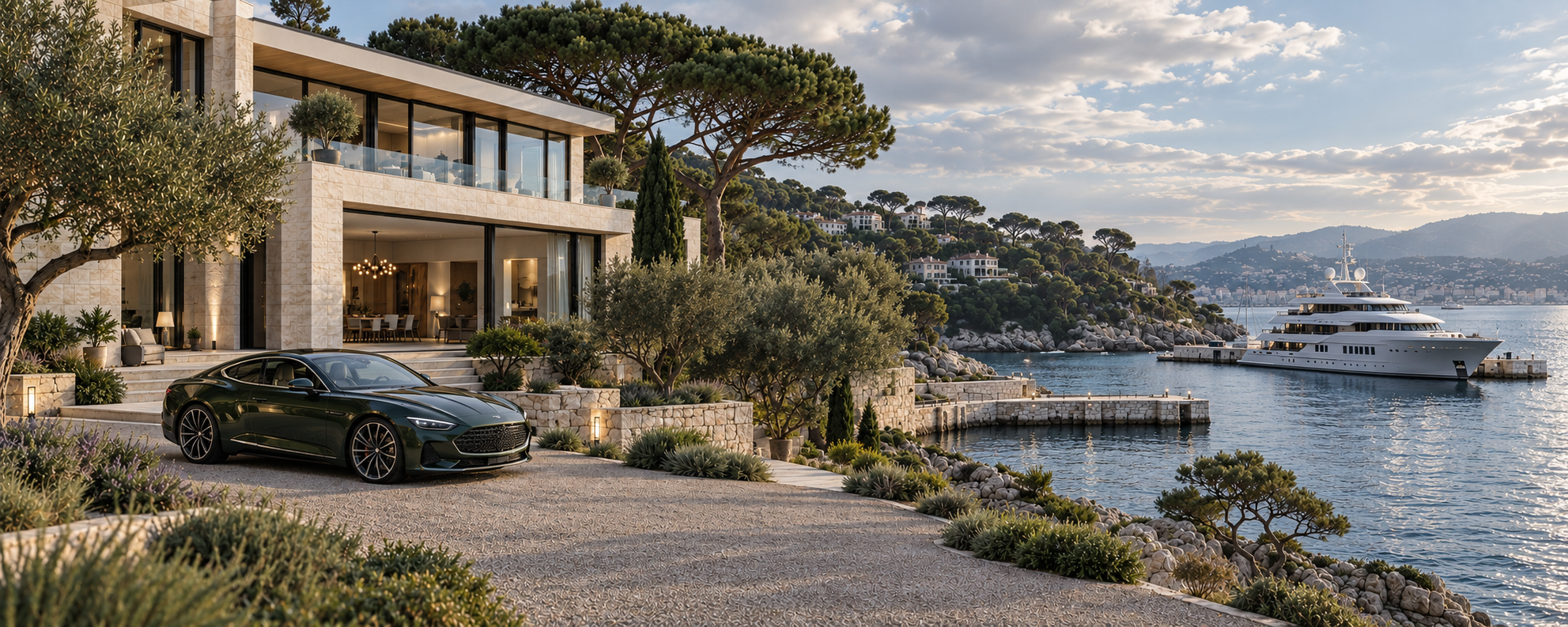 Illustrative coastal brand scene with a modern waterfront home, forest-green grand tourer and white superyacht.